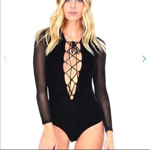 iHeartRaves Black Velvet Lace Up hooded Bodysuit